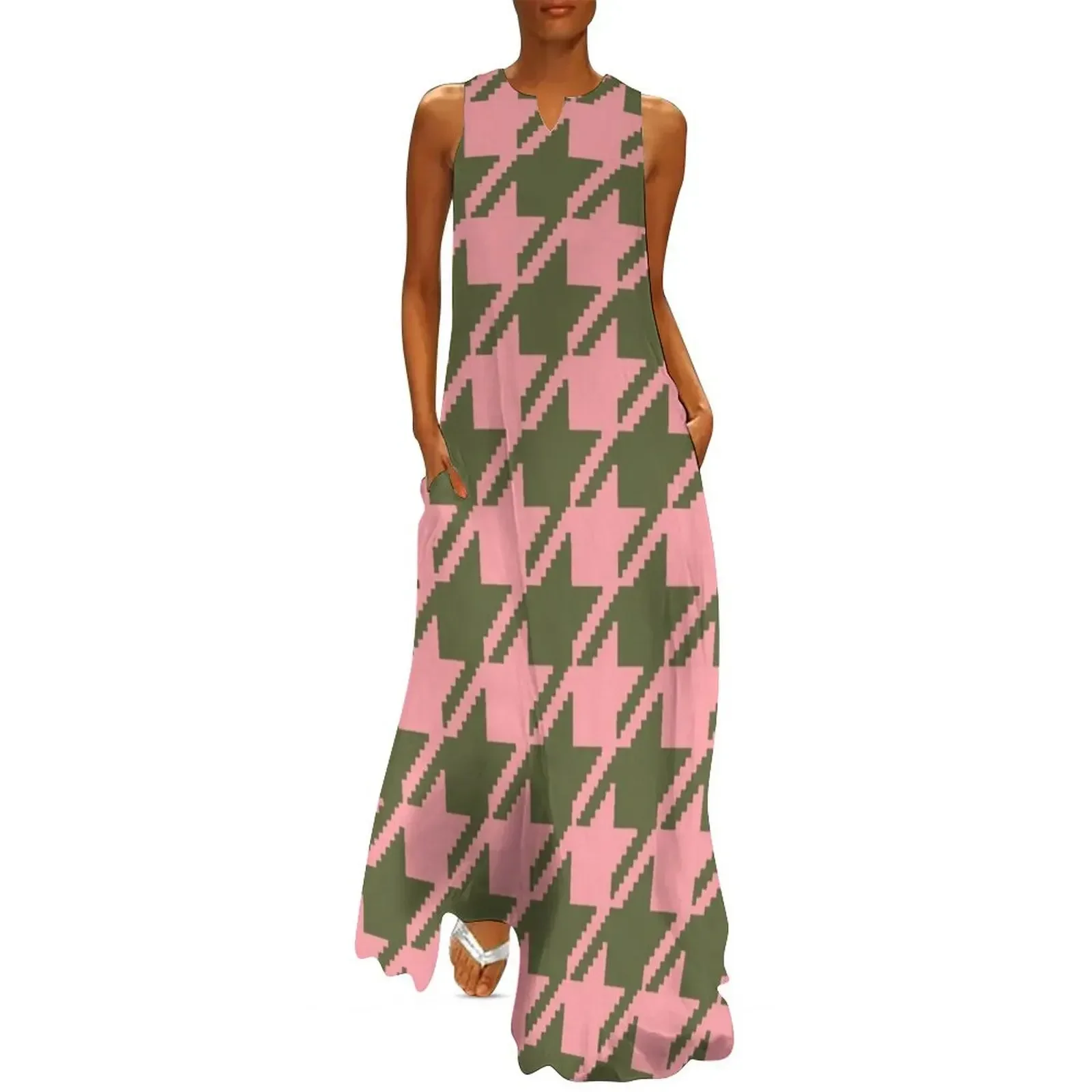 

Large Puppytooth Pattern (green/pink houndstooth) Long Dress summer dress womens 2025 Dress