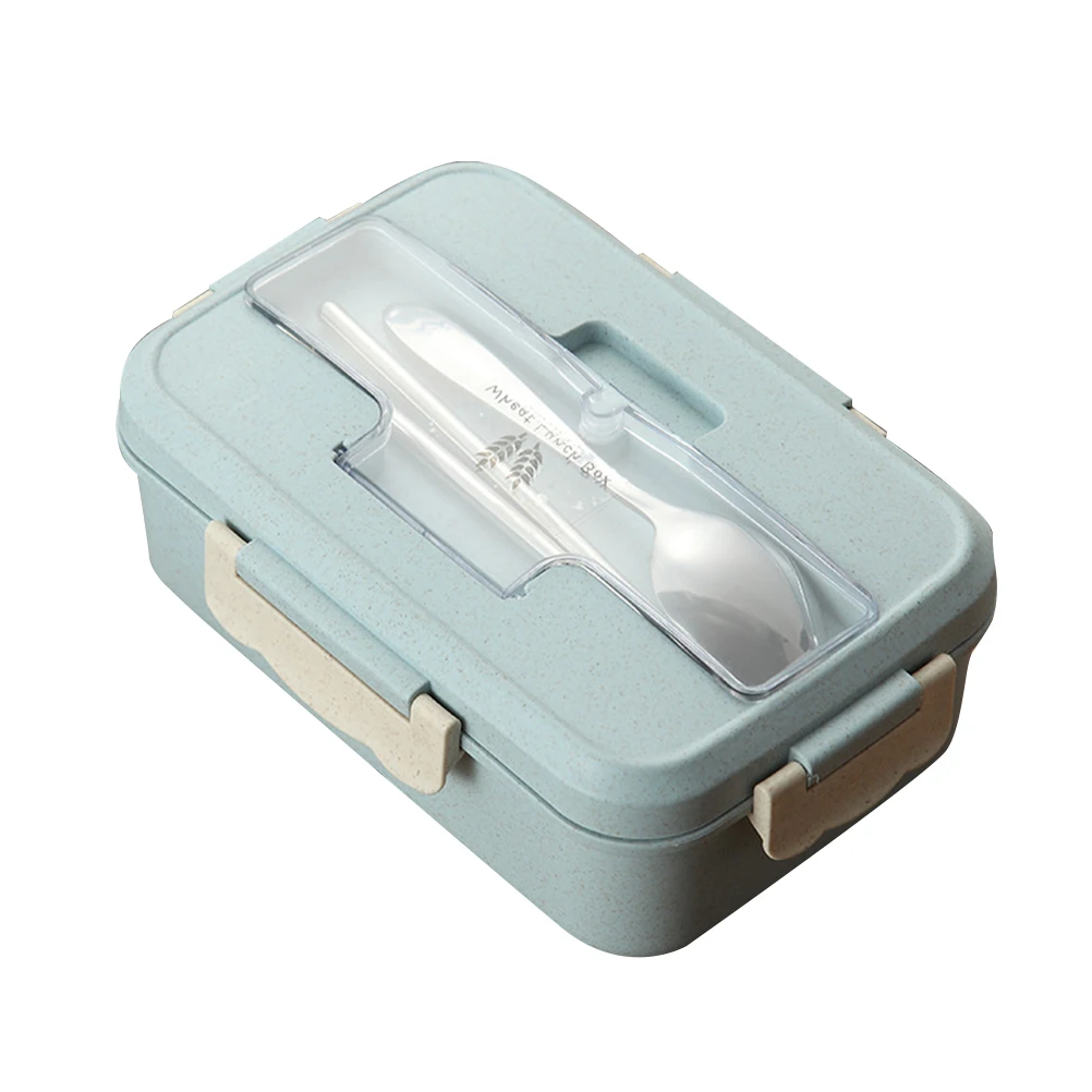 

Eco Friendly Lunch Boxes 1100 Ml Blue Food Containers Partition Leakproof Straw PP Material Storage Box Cutlery