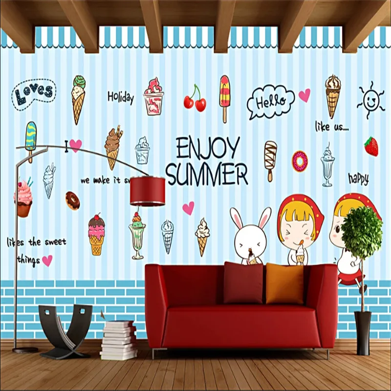 

Afternoon Tea Cold Drinks Ice Cream Shop Background Wall Paper 3D Snack Bar Dessert Shop Industrial Decor Mural Wallpaper 3D