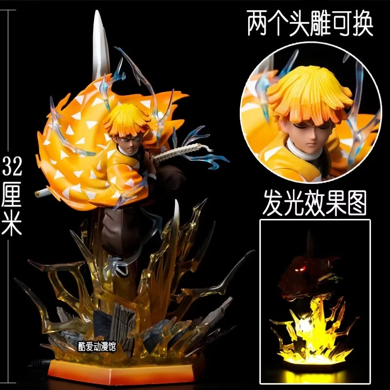 New 35cm Anime Demon Slayer Figure Agatsuma Zen'Itsu Luminous Double Headed Statue Action Figure Model Trend Toys Birthday Gifts