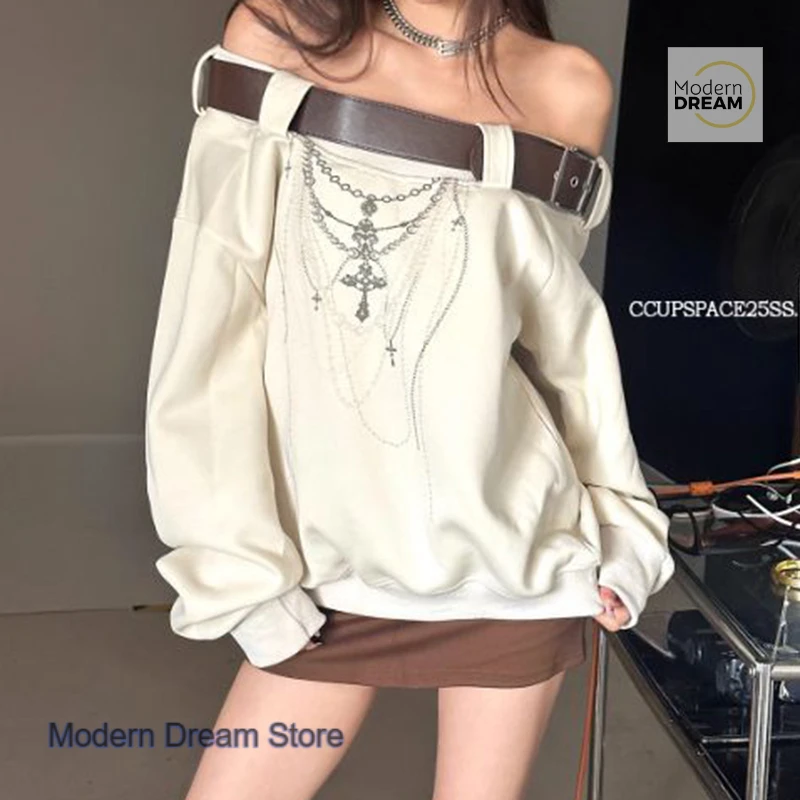 

American belt diagonal shoulder necklace printed long-sleeved sweater women's autumn loose casual Joker off-the-shoulder dress