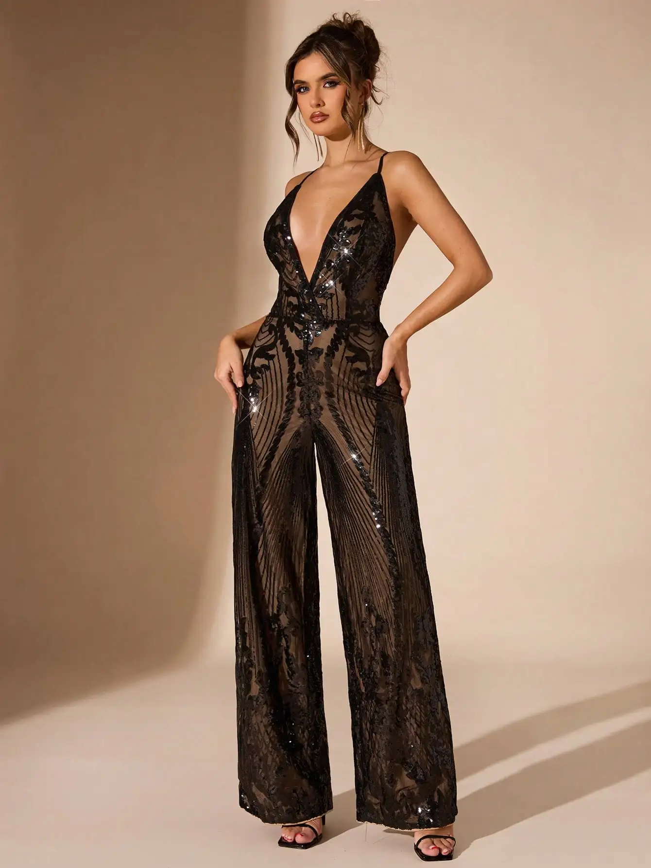 

BWQ Women's Deep V-Neck Party Sequin Wide Leg Jumpsuit,Sequin