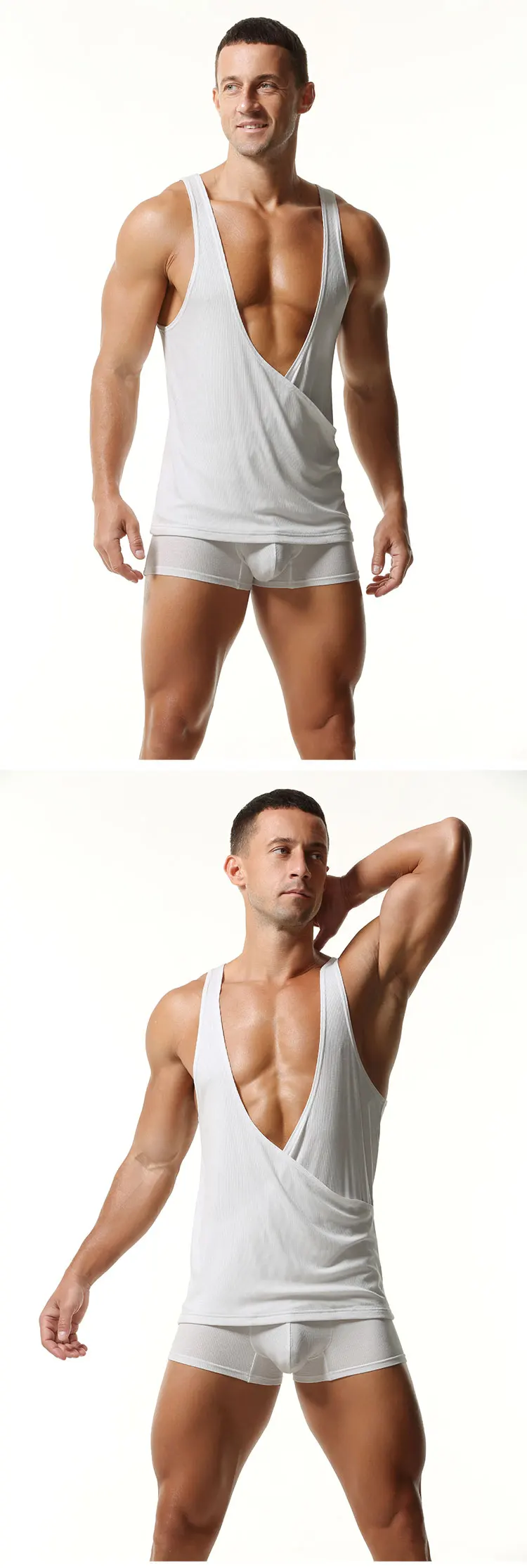 TAUWELL Herren-Tanktop mit geripptem Wickel-Design und tiefem V-Ausschnitt, ärmelloses Muskelshirt aus weichem Stretch-Gewebe für Fitness und Freizeit – Detail 7