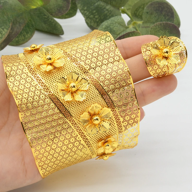 2pc Dubai Style Bride Gold Color Bracelet Ring Nigerian Women Luxury and Valuable Wedding Banquet Bracelet Ring Gift Accessories