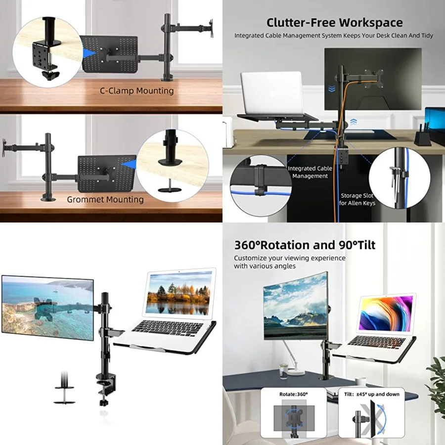 Monitor and Laptop Mount Holds 13-32 inch Computer Screen, Adjustable Monitor Arm Stand with Laptop Tray for 13-27 inch, Hold 22 lbs, with Clamp and Grommet Mounting Base