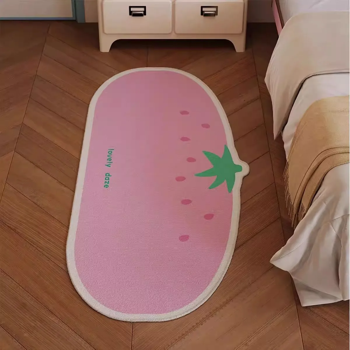 Bedside Rug Modern Style with Cute Strawberry Green Apple Pattern Carpet Soft Comfortable Bedroom Floor Mat Home Decoration Rugs