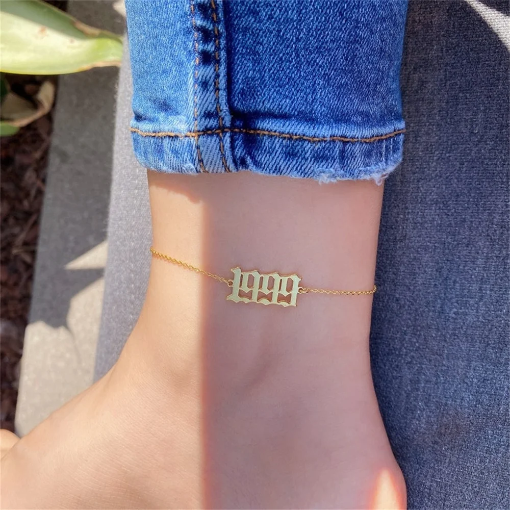 Custom Old English Name Ankle Bracelets Summer Sandals For Women Customized Angel Number Birth Year Leg Bracelet Jewelry Gift