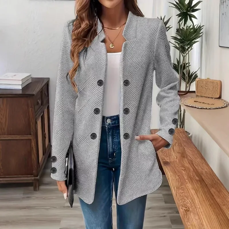 Solid Color Double-Breasted Women's Blazer with Diagonal Texture Stand Collar Long Sleeve Suits Casual Office Commute Outerwear