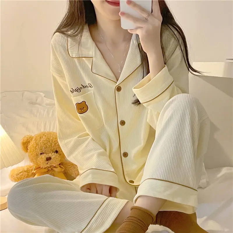 Spring New Ladies Pajamas Set Flora Printed Crepe Cotton Double-layer Gauze Round Neck Long-sleeve Trousers Household Wear XXL