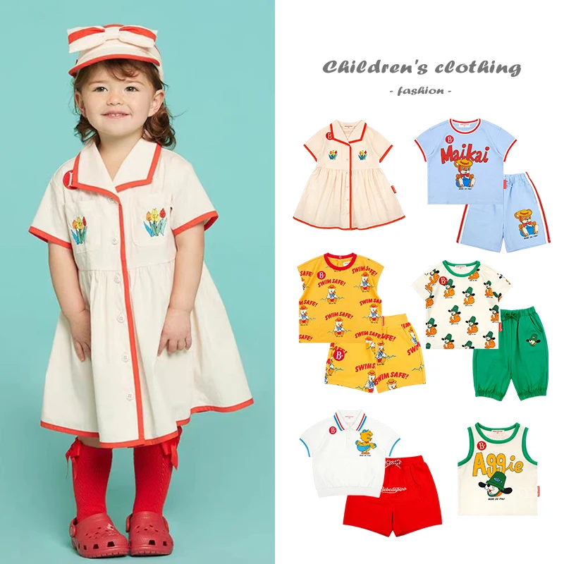 Корейский брендовый детский костюм, новое летнее студенческое платье для девочек, футболка с мультяшным принтом для мальчиков, шорты, детский жилет, верхняя одежда