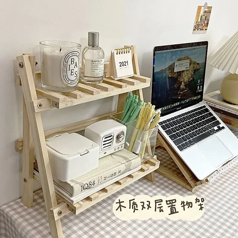 1pc 2 Tier Tabletop  Office Desktop Storage Organizer Wood Display Decorative Storage Rack Foldable Book Shelf