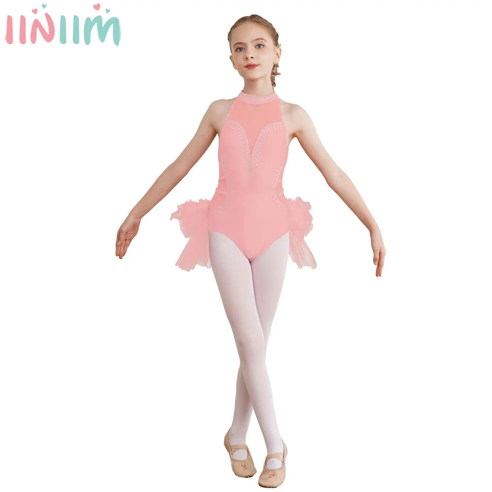 6-16Y Girls Ballet Dance Leotard Figure Skating Gymnastics Latin Tango Performance Costume Sleeveless Sheer Mesh Tutu Bodysuit