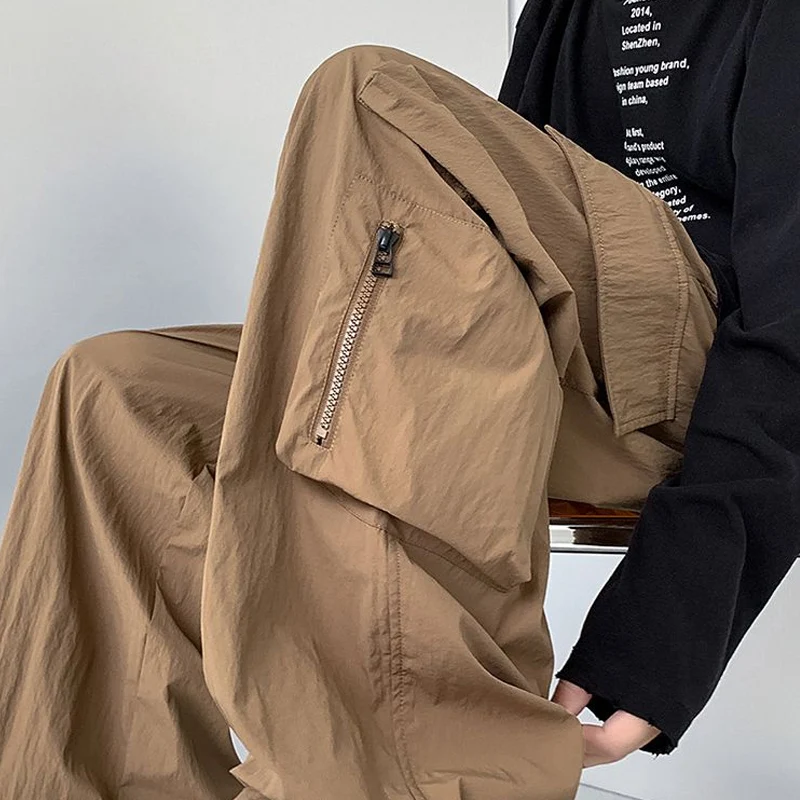 Spring Autumn Solid Color Fashion Elastic Waist Straight Pants Man High Street Casual Loose Pockets Zipper Drawstring Trousers