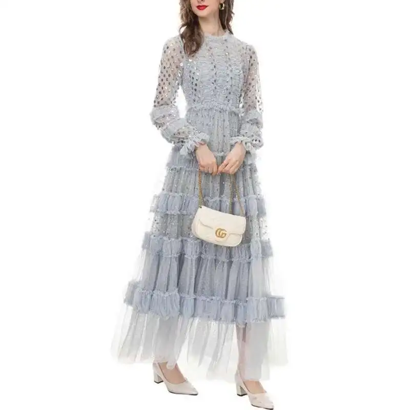 

[Vibe] Fashion Women's Elegant Luxury Maxi Dress Round Neck Long Sleeve Spliced Sequins Mesh Dresses 2025 Female Clothing