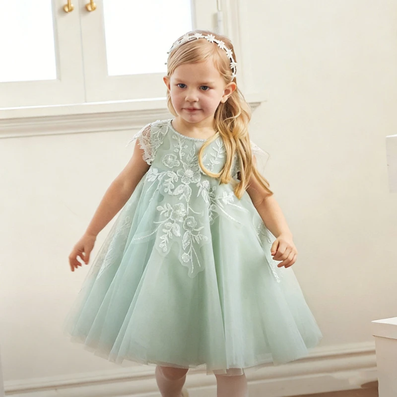 

Princess Dress Costume Children Girls Light Green Fashion Lace Elegant Gown New Clothes Kids Performance Host Pageant Outfit