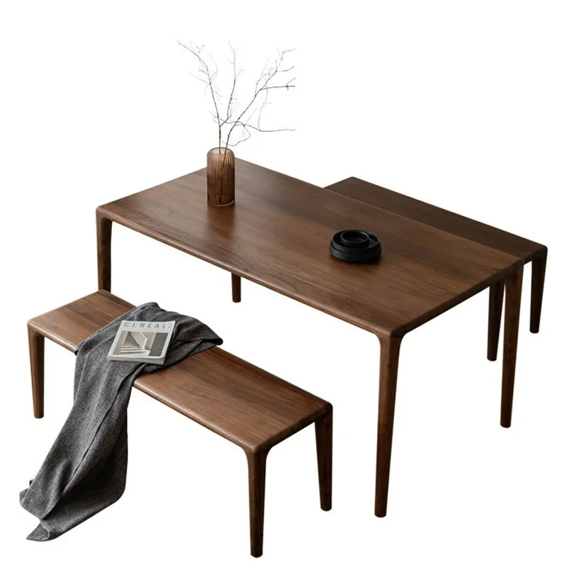 Modern simple black solid wood art rectangular dining table, chair and stool combination