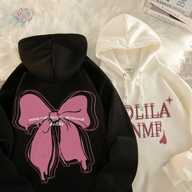 Women Cute Fresh Bow Hooded Pure Cotton Hoodie Printed Fashion Autumn And Winter Girls Outdoor Top High Quality Streetwear