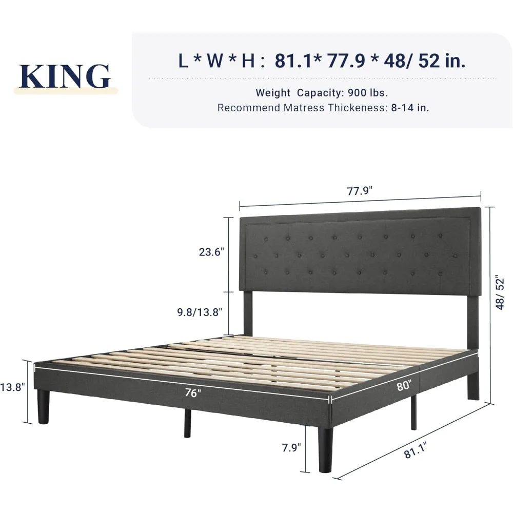 King Size Platform Bed Frame/Fabric Upholstered Bed Frame with Diamond Button Tufted Headboard/Adjustable Headboard