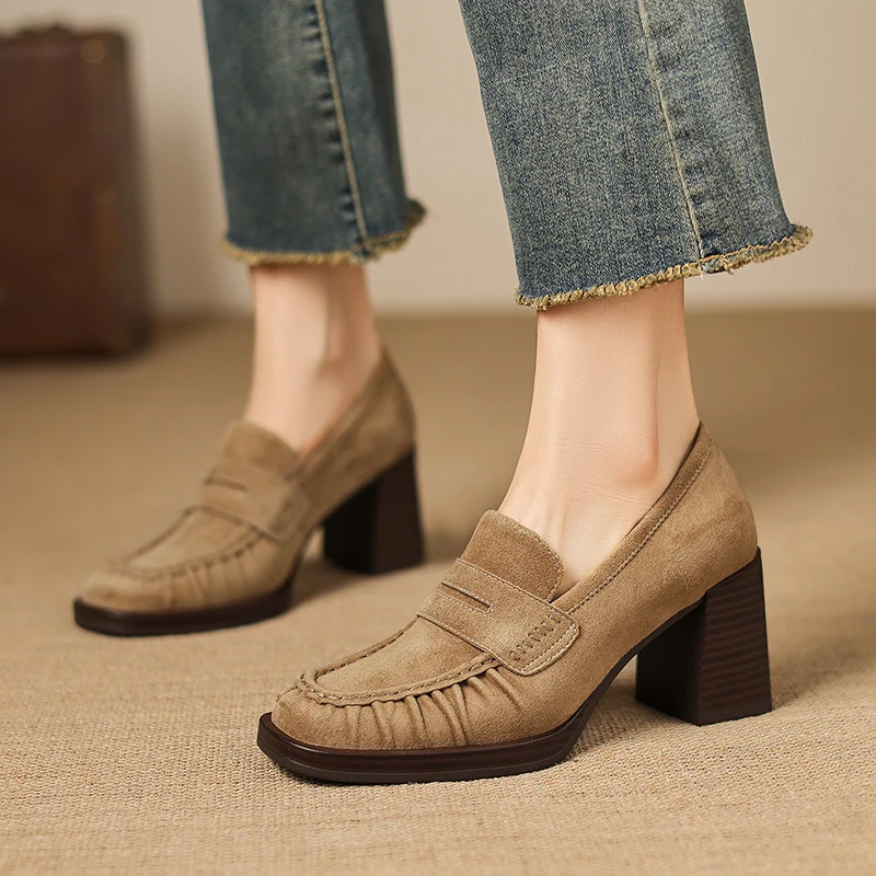 

2026 spring summer women pumps natural leather 22-25cm kid suede+cowhide+pigskin round toe thick high heel loafers women shoes