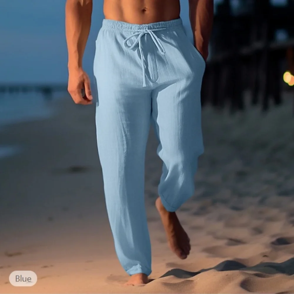 2025 New Men's Beach Pants Joggers Streetwear Cotton Linen Sweatpants Casual Pants Hawaiian Vacation Loose Summer Long