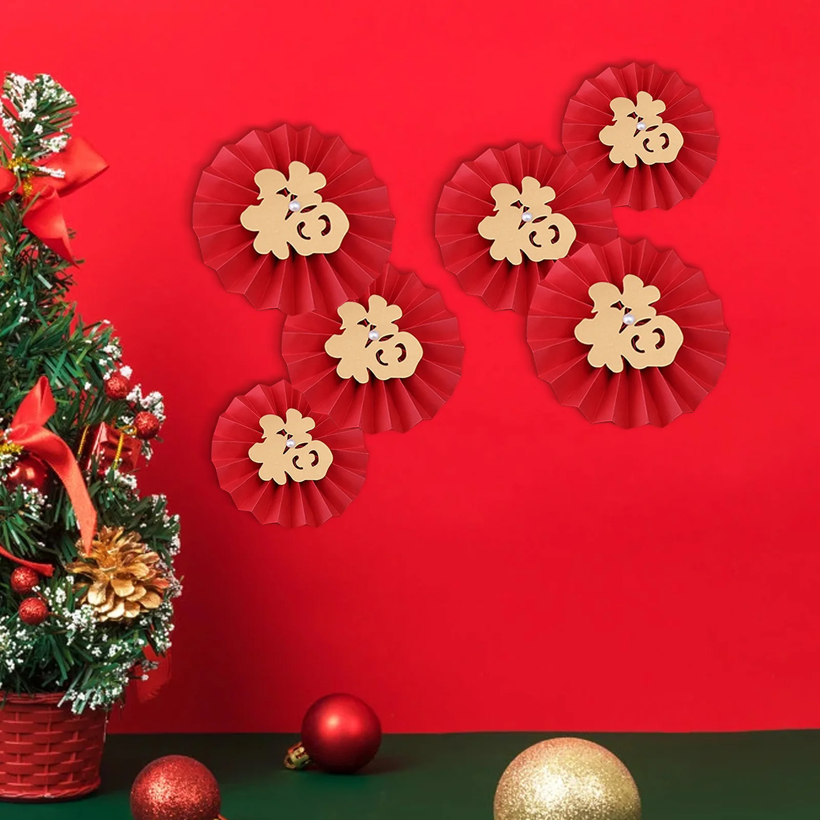 Decoración de flores de abanico de Origami, artículos creativos de decoración de pared de dormitorio, estilo chino "Fu", 6 piezas, 2024