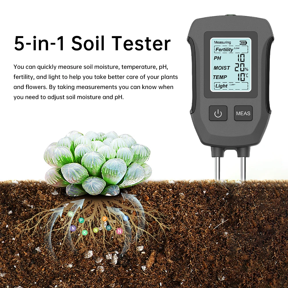

5 in 1 Digital LCD Soil Meter PH/Moisture/Temperature/Fertility/Light Soil Tester with Backlight for House Plants Garden Lawn