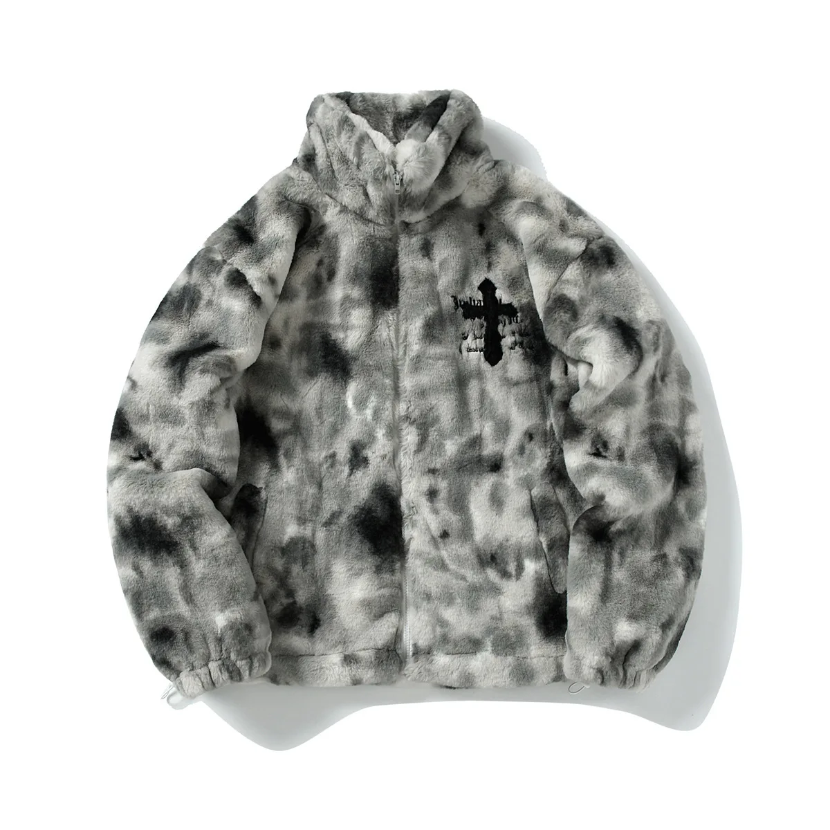 Streetwear Men's Plush Winter Jacket Tie Dye Pattern Soft Faux Fur Coat Embroidered Detail Relaxed Fit Warm Urban Casual Jacket