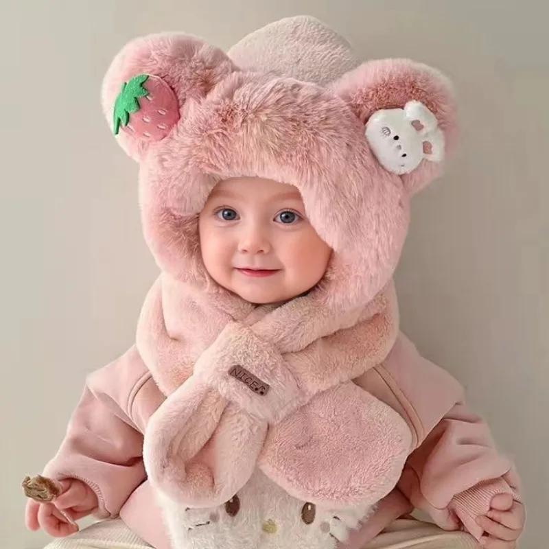 

Зимняя шапка и шарф, комбинированная детская утепленная шапка, ветрозащитная для мальчиков и девочек, толстая плюшевая шапка на флисовой подкладке, очаровательная