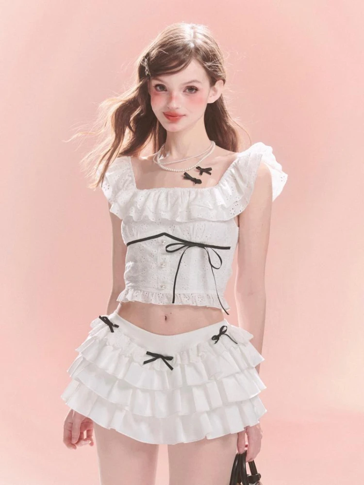 2000s Harajuku Y2k Kawaii Cute Cake Ruffles White Skirt Women Summer Hotsweet Bow Slim Skirt Fashion Sweet Y2k Mini Skirt