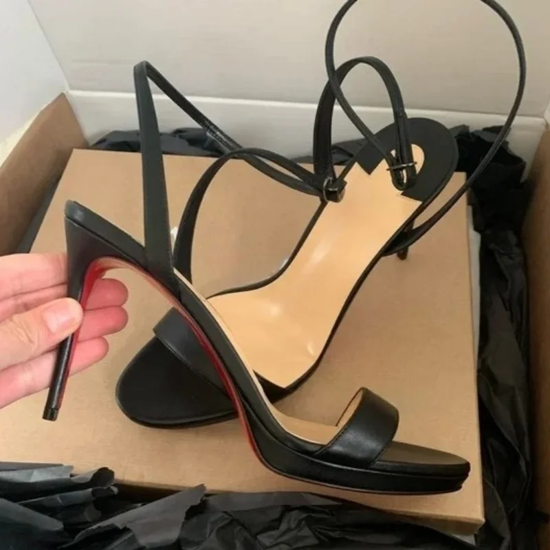 

Queen Leather Sandals For Women Shoes Ankel Strappy Sandalias Femininas Open Peep Toe Stilettos High Heels Pumps Zapatos Mujer