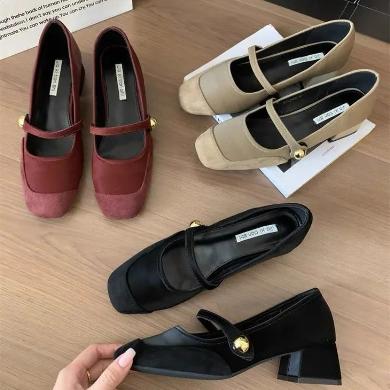 Spring Autumn Women Thick Heel Pumps Shoes Fashion Shallow Buckle Ladies Shoes Suede Casual Women's Wine Red Mary Jane Shoes