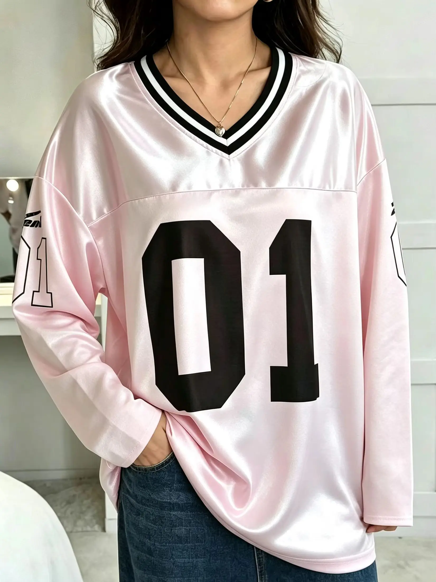 Men's Women Men Vintage Long Sleeve Oversized 01 Number Print V Neck Fashion Sports Loose Streetwear Casual Top Long Sleeve Tee
