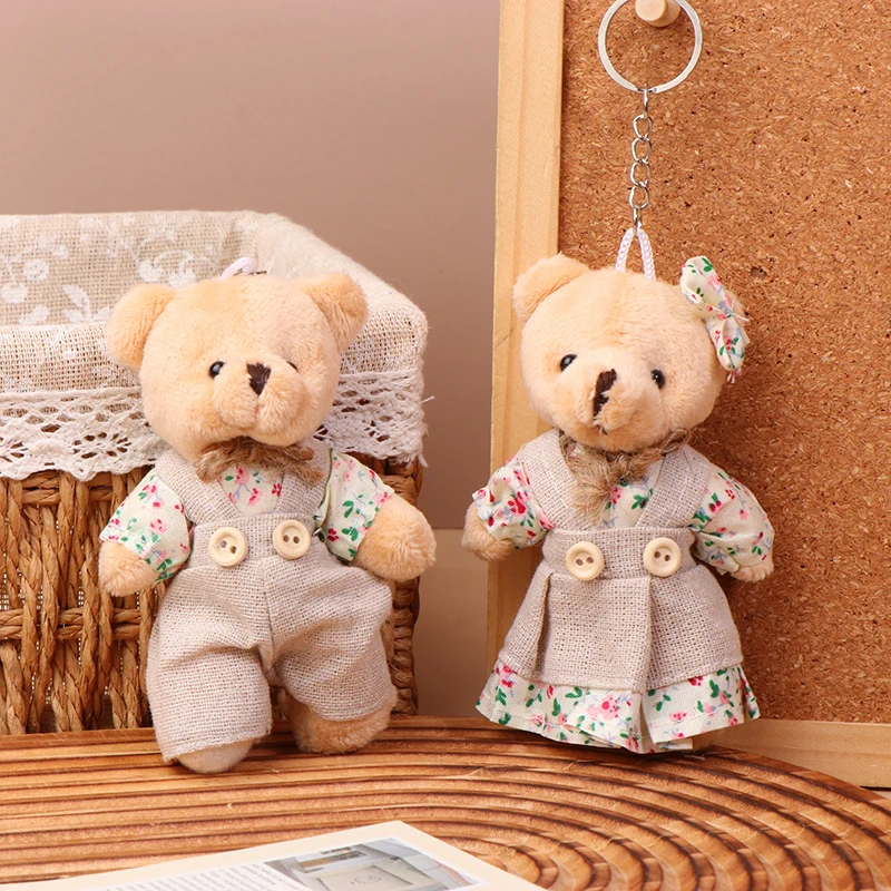 Couple Bear Plush Toy Keychain Cartoon Floral Cloth Bears Soft Stuffed Doll Pendant Car Key Ring Backpack Bag Decor Xmas Gift