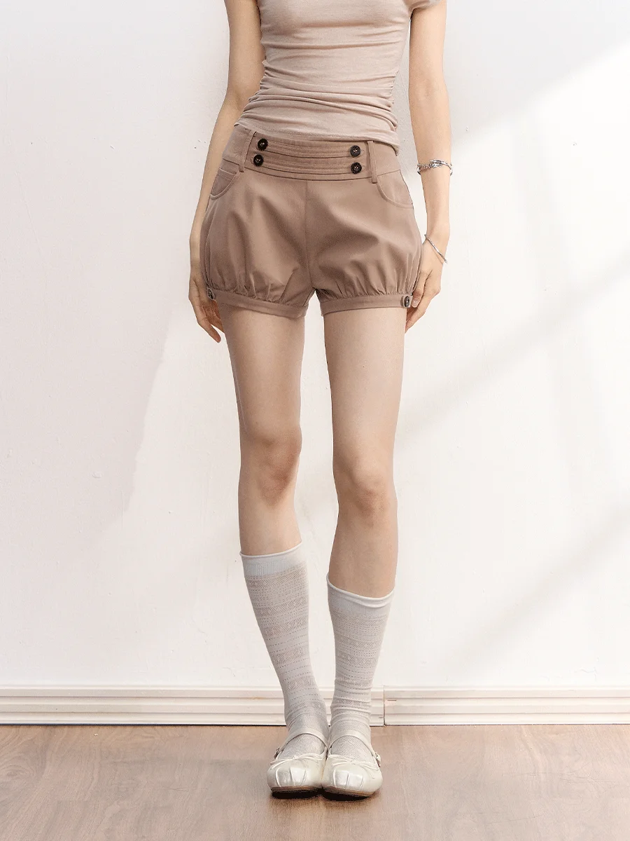 Retro Button Decorated Lantern Pants High Waist Short Shorts Slimming Effect Vintage Style Pure Color Court Style Polyester F...