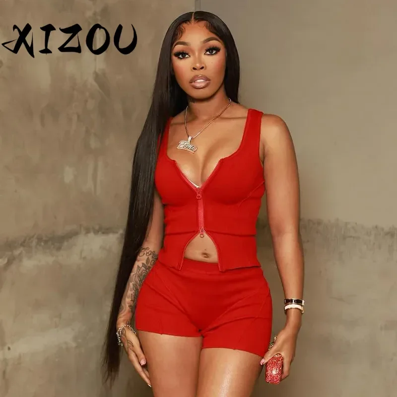 

XIZOU модный женский комплект для йоги и фитнеса, мини-топы без рукавов на молнии + шорты, 2025 спортивных комплектов из двух предметов, спортивный костюм