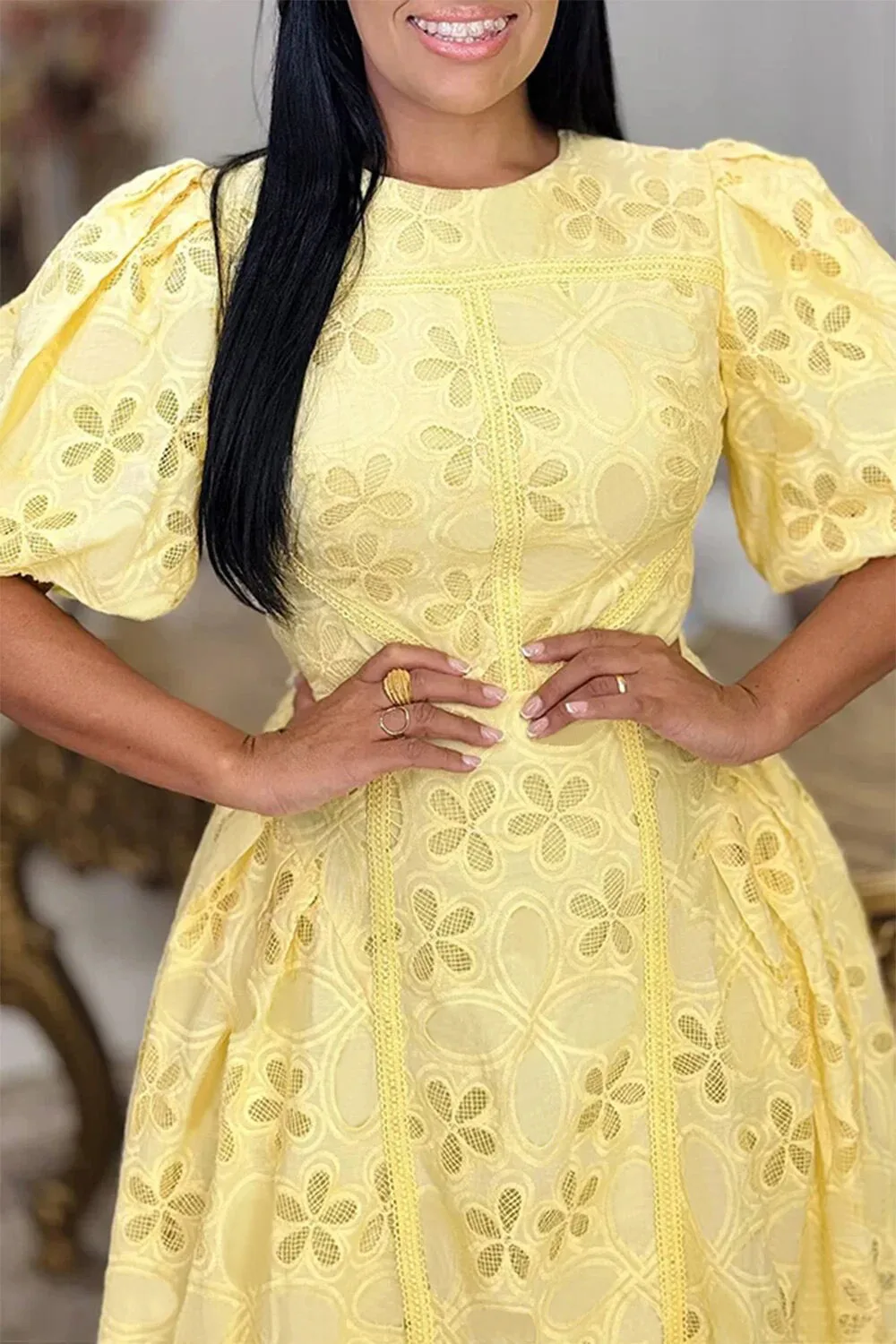Plus Size Wedding Guest Yellow Round Neck Short Sleeve Cut Out Elegant Lace Midi Dresses