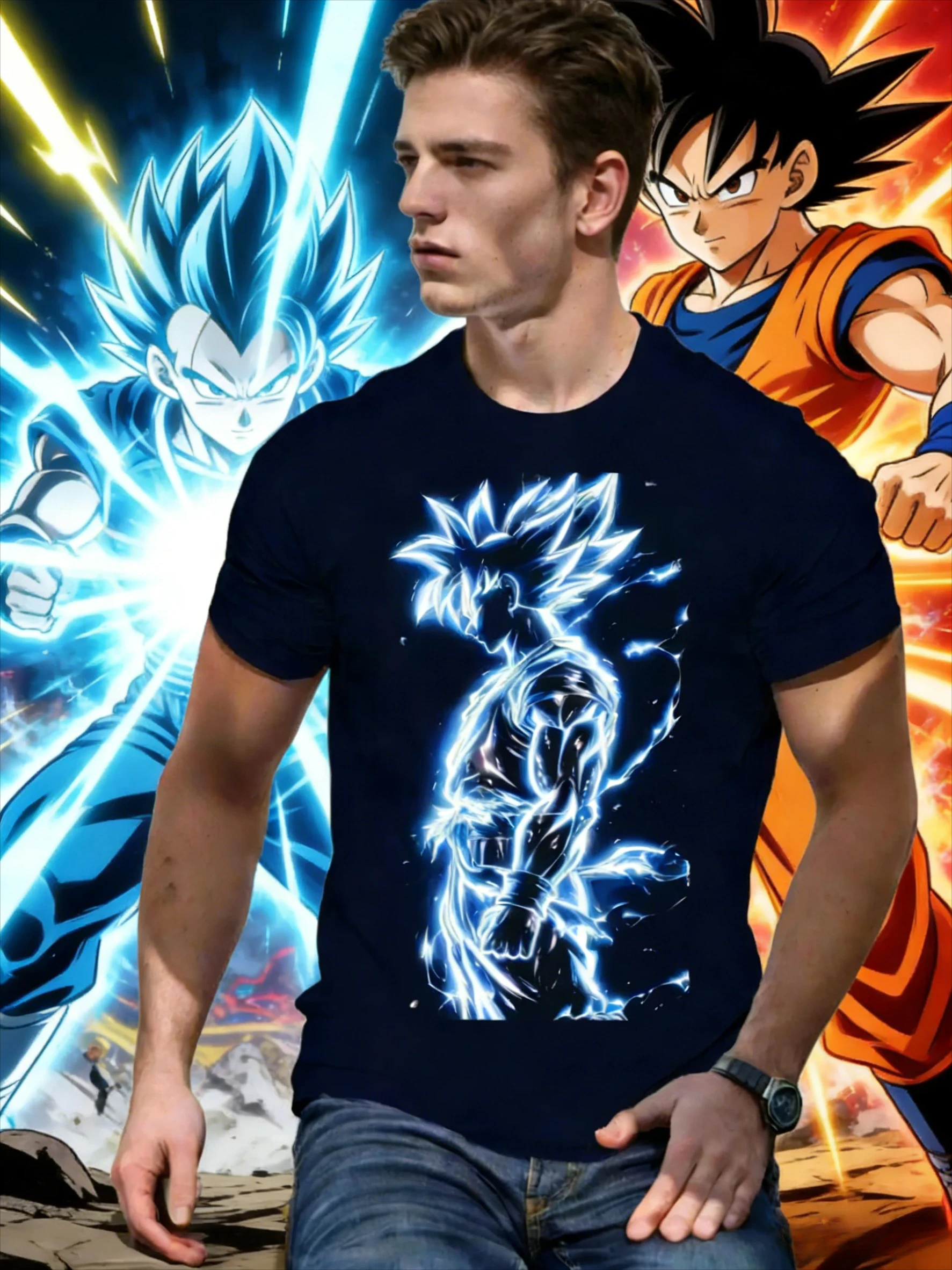 

Футболка мужская летняя 2026 Dragon Ball в винтажном стиле, из чистого хлопка, свободного кроя, повседневная, с принтом Супер Сайян Гоку и молниями, для повседневной носки и занятий спортом