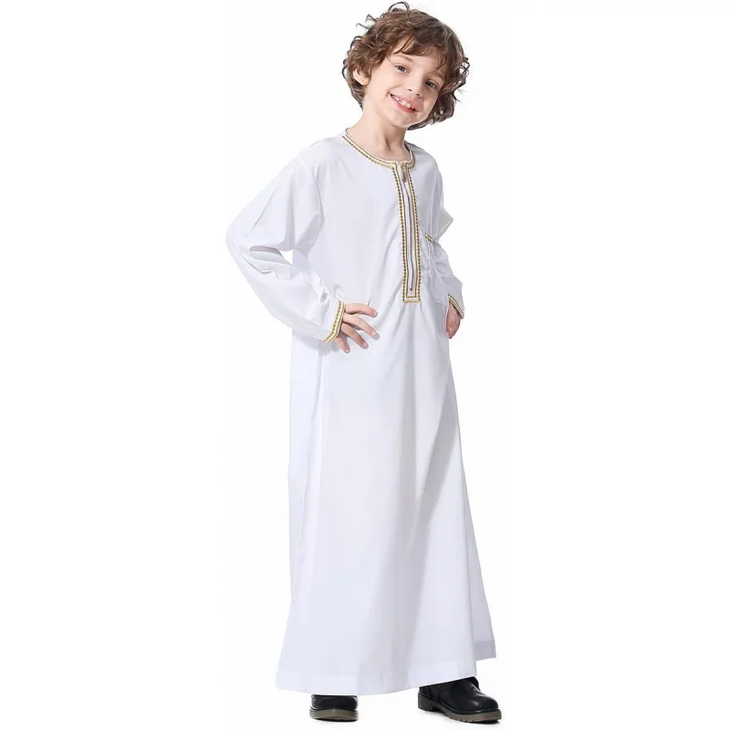 

Boy's Muslim Arab Solid Color Thobe Long Sleeve Kaftan Embroidered Robe Islamic Arabic Abaya Thobe
