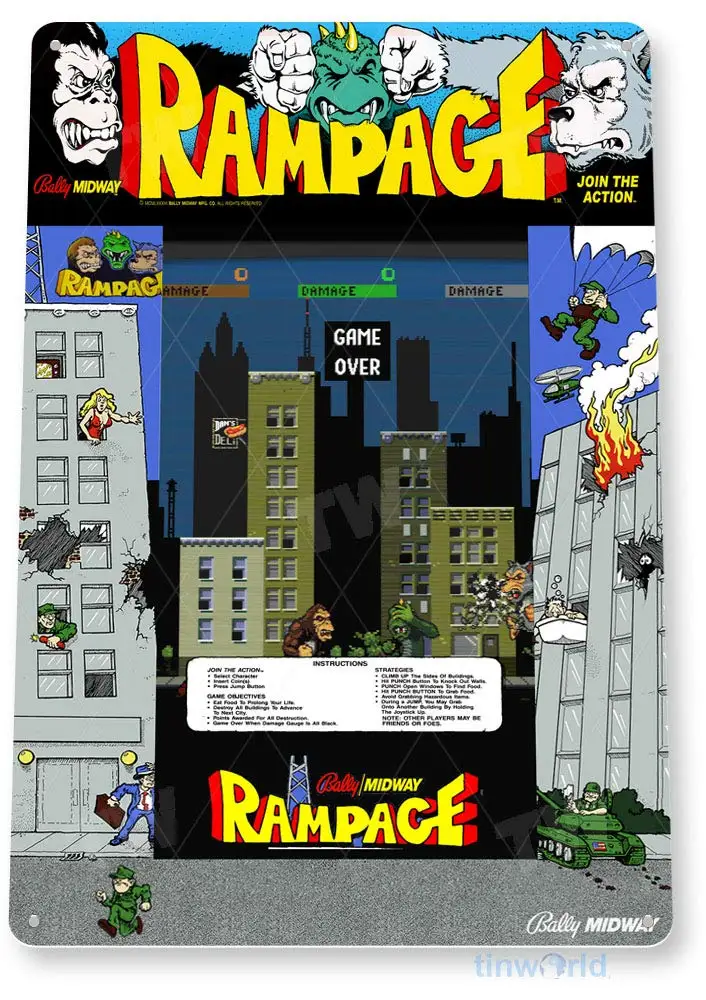 TIN SIGN Rampage Arcade Sign Game Room Sign Shop Marquee Retro Classic Gaming Console C741 sign