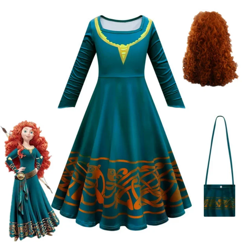 Halloween Movie Brave Merida Costume for Girls Princess Dress Wig Kids Carnival Fantasia Children Xmas Party Cosplay Costume