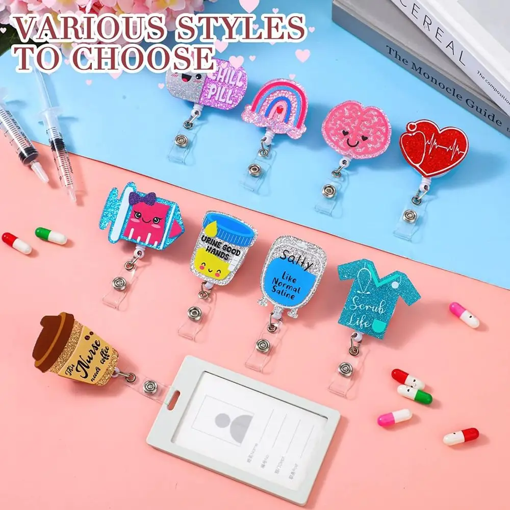 Card Holder Glitter Acrylic Name Card Holder Retractable Badge Reel ID Card Clips Nurse Badge Holder Hospital Badge Holder