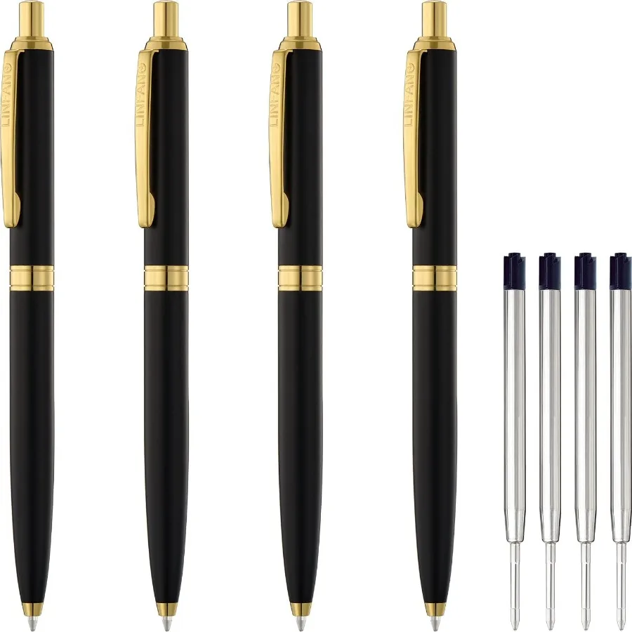 

4 Pack Ballpoint Pens Premium Retractable Metal Ballpoint Pen Matte Black with Gold Trim Medium Point 1.0mm Black Ink Pen for H