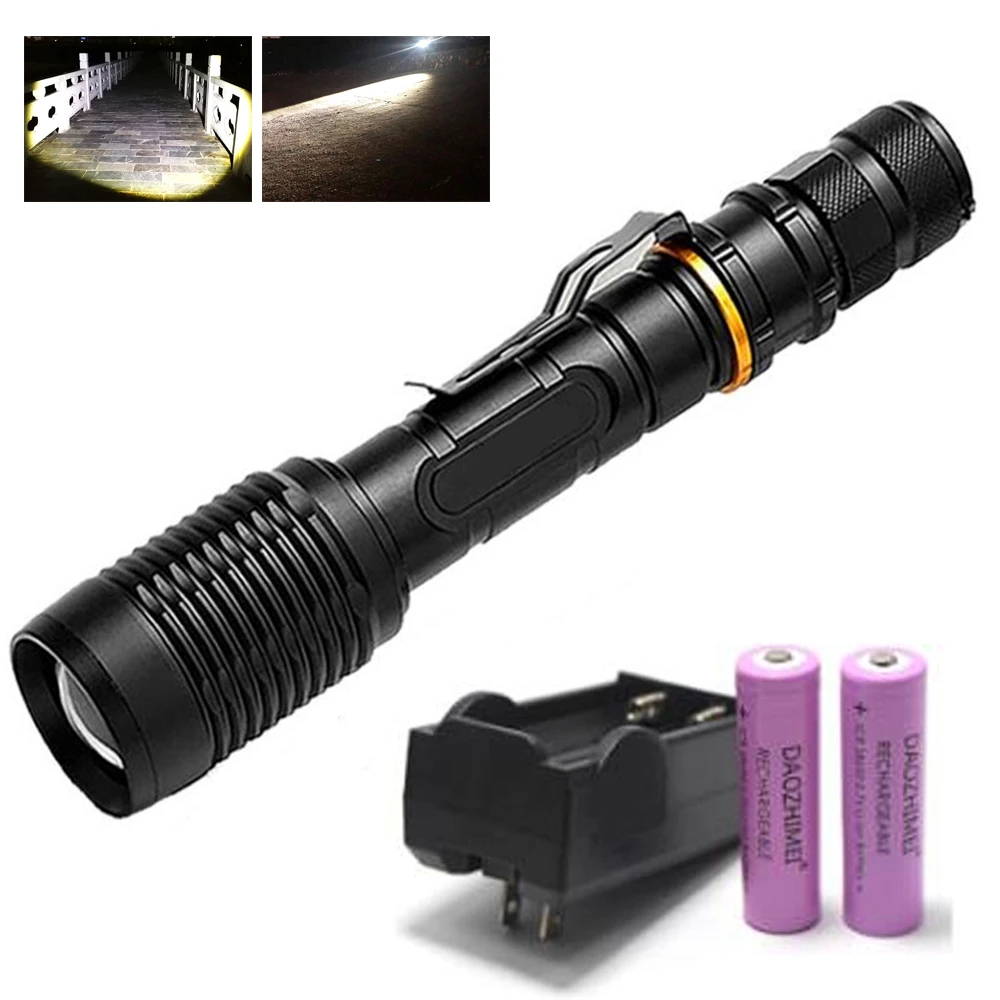 

Portable Camping Lanterna T6 Zoom LED Flashlight Self Defense Tactical Zoomable Torch Lamp hunting Light use 2*18650 Battery