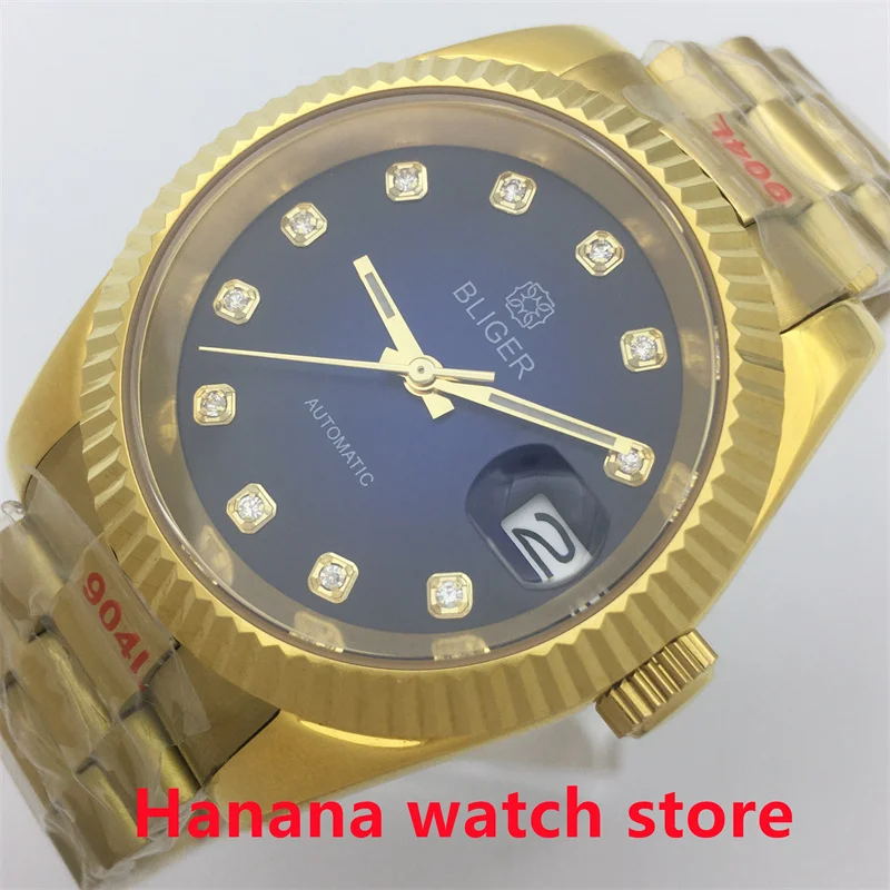 

BLIGER 36mm 39mm NH35 Gradient Blue Dial Diamond Index Automatic Men's Watch sapphire Glass Recessed Bezel Presidential Bracelet