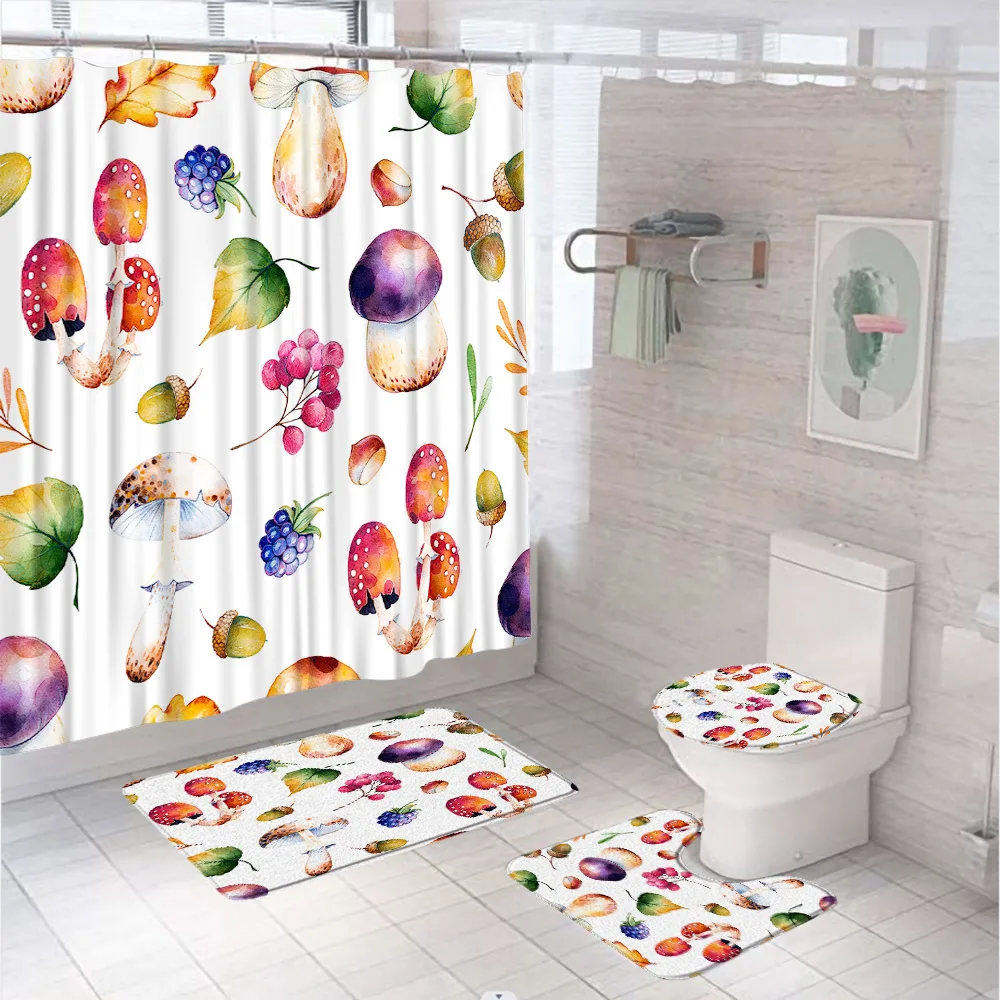 Fantasy Magic Fairy Tale Mushroom Shower Curtain Set Castle Autumn Plant Leaves Bathroom Curtains With Bath Mat Toilet Cover Rug