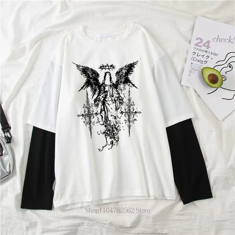 Line Y2K Print Graphic Fake Two Long Sleeved T-shirts for Women Fashion Gothic Retro Casual Loose Fake Two Long Sleeved T Shirt