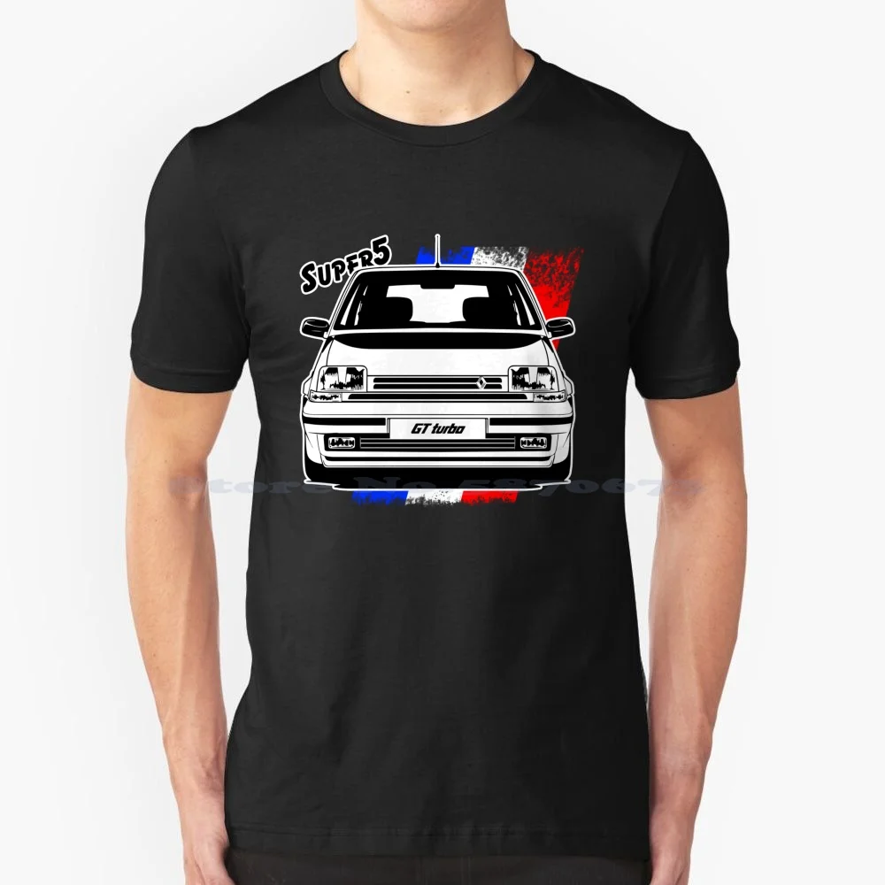 Super 5 Turbo T Shirt 100% Cotton Tee Carlover Super5 Vehicle Voiture Sketching Black Line Race Fan My Love Classic Auto Flag