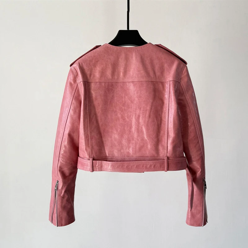 Vintage Öl Wachs Leder Frauen Echt Leder Moto Jacken Mantel 2025, Neue Oansatz Kurze Schaffell Gürtel Weibliche High Street Jacke Tops