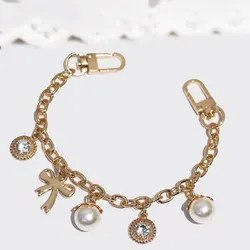 Hand Wrist Strap phone charm lanyard Metal keychain bag charm decoration bag extended chain golden Pearl Zircon pendant