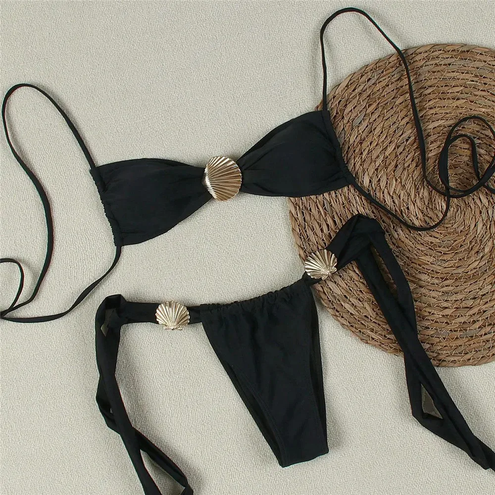 Light Blue String Halter Micro Bikini Thong 2026 Sexy Swimsuit Women Metal Shell Swimwear Bathing Suit Mini Bandeau Bikinis Sets